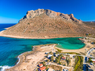 Aerial image of famous Stavros Zorbas beach, Crete Island, Greece, near Chania