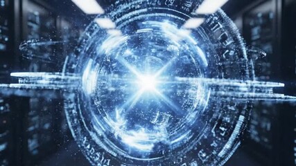 Stunning digital data processing and transfer with holographic sphere animation in a server room for cutting edge modern technology concepts - Powered by Adobe
