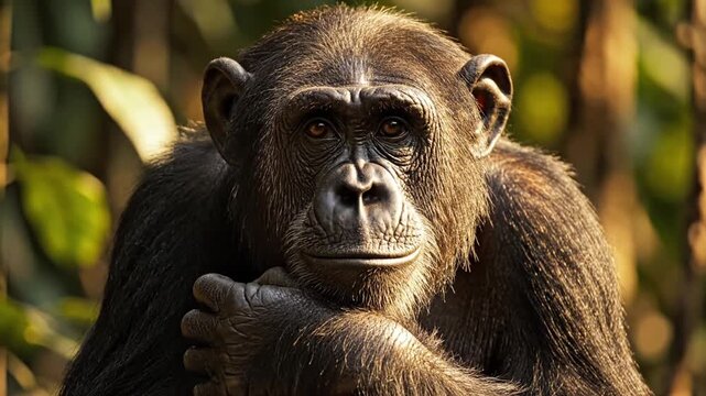 Intelligent chimpanzee contemplates in lush jungle habitat, showcasing primate behavior and wildlife conservation, perfect for nature documentaries