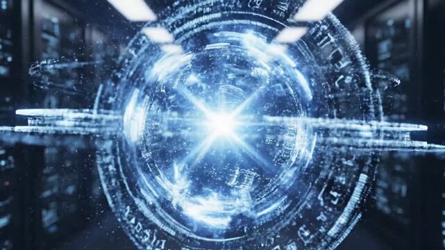 Stunning digital data processing and transfer with holographic sphere animation in a server room for cutting edge modern technology concepts