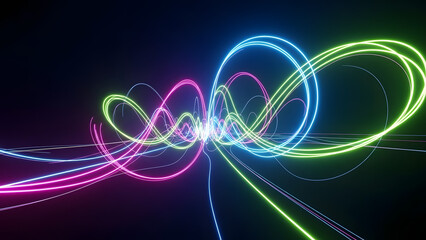 Obraz premium Dynamic light trails: Vibrant trails of light, in shades of electric blue, energetic green and hot pink, dance against a deep black canvas, creating a mesmerizing display of motion.