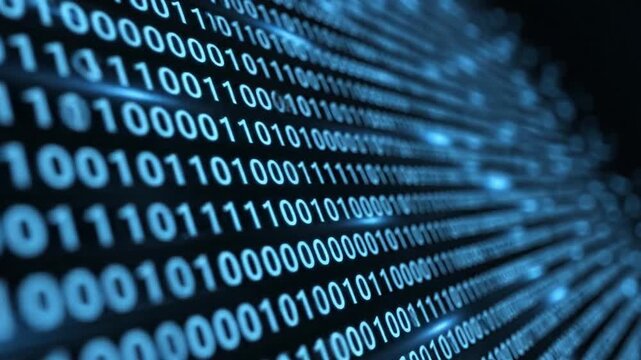 Dynamic binary code streams in a digital matrix, perfect for technology, data, or futuristic themed visuals with a deep blue color palette