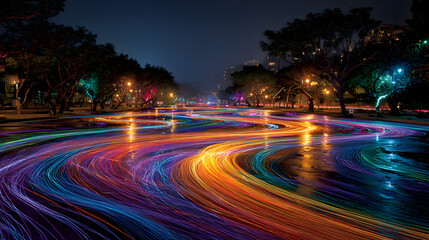 Colorful light trails create a mesmerizing effect in a nighttime setting