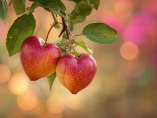 romantic red Valentine background of fresh and healthy red Sekai Ichi japanese apples fruit with green leaves background plantation garden farm.