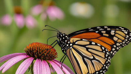 Fototapeta premium Monarch Butterfly on Flower: A vibrant monarch butterfly delicately perched atop a cone flower, showcasing its intricate patterns. The image captures the serene beauty of nature.