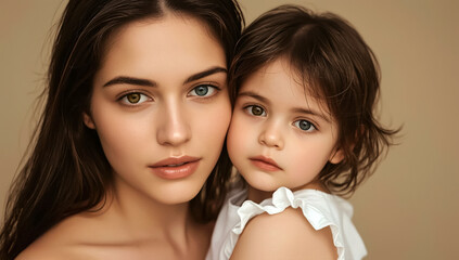A touching moment between a mother and daughter. The mother tenderly holding her daughter, both showcasing heterochromia. Highlights the importance of accepting differences and embracing diversity.