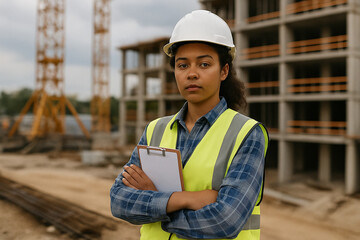 Confident young African American female construction supervisor at building site with clipboard, challenging gender stereotypes in leadership roles. Concept represents diversity, workplace inclusion.