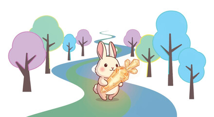 Obraz premium Cute bunny happily holding a carrot enjoying a sunny day outdoors in nature.