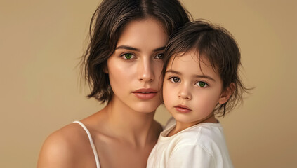 Mother holding her daughter in her arms. Both share the trait of heterochromia, symbolizing the beauty of differences in a loving family relationship. The image expresses inclusivity and connection.