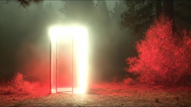 Glowing portal door materializing in misty forest. Door frame emerges from ground then opens revealing inner panel. Fantasy gateway sequence to otherworldly realm with red foliage accents.