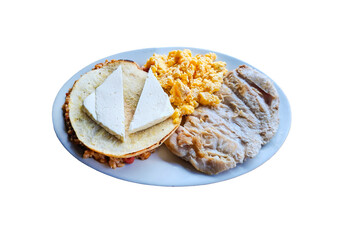Traditional breakfast with calentado (rice and beans), arepa with fresh cheese, scrambled eggs, and pork.