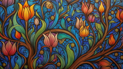 Colorful blooming tulips with swirling leaves on a rich blue ornate abstract backdrop.