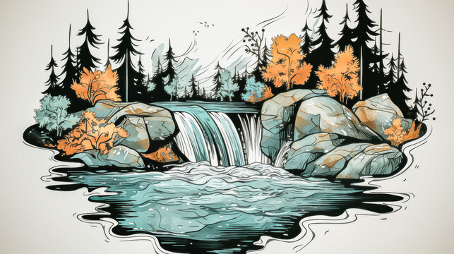 Artistic Autumn Landscape with Waterfall, Rocks, and Vibrant Fol