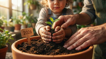 A child and adult plant a seedling together in a pot with a '2026' marker, symbolizing growth, family, and future investment.