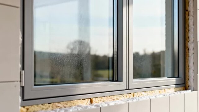 Medium shot of doublehung windows featuring triplepane glass showcasing modern energyefficient home insulation with sleek advanced glazing technology.