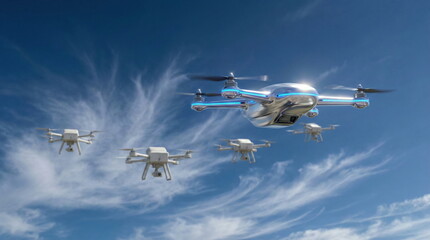 A sleek, futuristic silver drone leads a fleet of smaller drones across a clear blue sky, symbolizing advanced technology and logistics.
