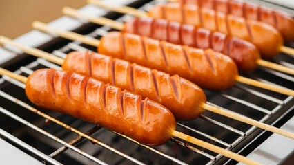 Close-up food photography of shiny grilled sausages on wooden skewers lined neatly on a metal BBQ rack. Each sausage is scored with diagonal cuts, giving a delicious texture and vibrant orange-brown.