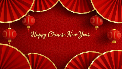 Chinese New Year greeting with red lanterns and decorative gold fans on patterned background creating festive celebration mood