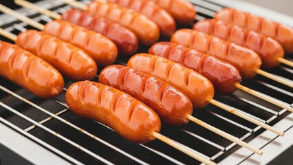 Close-up food photography of shiny grilled sausages on wooden skewers lined neatly on a metal BBQ rack. Each sausage is scored with diagonal cuts, giving a delicious texture and vibrant orange-brown.