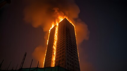 Fire Engulfs Skyscraper, Emergency Response in Urban Setting, Nighttime Scene
