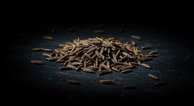 Pile of brown cumin seeds scattered on dark textured surface caraway seeds spice - Powered by Adobe
