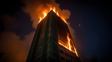 Fire Erupts in Skyscraper, City Center, Urban Environment, Night Scene, Dramatic Viewpoint