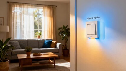 Medium shot of adaptive lighting system smoothly changing color temperature and intensity to enhance comfort and productivity in a residential living room.