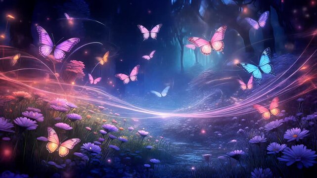 Fantasy forest with glowing butterflies, vibrant flowers, and mystical path in dreamlike motion scene. Seamless looping time-lapse animation video background