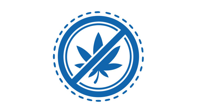 Blue Circle With A Cannabis Leaf Inside A Red Circle With A Slash Through It And A Dotted Border Isolated On Black Background