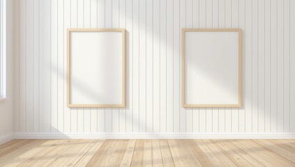interior displaying two vertical frames with thin light-wood borders mounted on a white wooden-plank wall