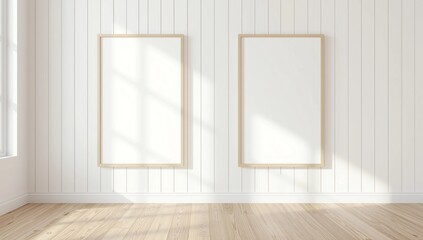 interior displaying two vertical frames with thin light-wood borders mounted on a white wooden-plank wall