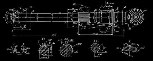 Winch shaft of truck. Engineering automotive assembly mechanical drawing of steel 
device on paper sheet. Industrial cad scheme. 
Technology design of machine building industry.
Machined template.
