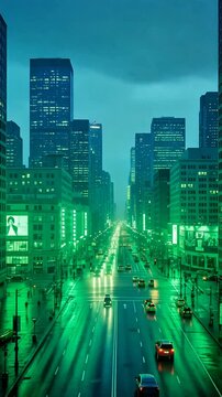 Futuristic city street at night with glowing reflections, skyscrapers, and dynamic traffic in surreal urban motion scene. Seamless looping time-lapse animation video background