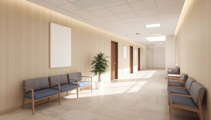 Empty vertical poster mockup on wooden wall in bright hallway interior with minimalist seating and clean layout. 3D Rendering concept for design