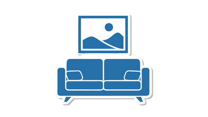 Blue Sofa With Television Showing Landscape Scene In Living Room Minimalist Icon Style With White Border Isolated On Black Background