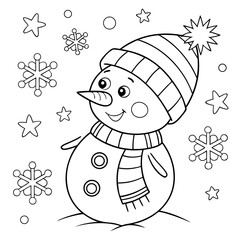 Adorable smiling snowman wearing a striped winter hat and scarf ready for holiday coloring fun
