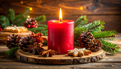 Festive winter scene with a lit red candle, rustic background. AI