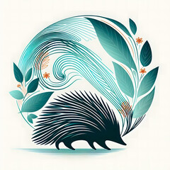 Abstract hedgehog artwork with botanical leaves in modern graphic style