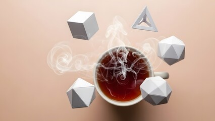 Overhead Minimalist Steaming Teacup with Levitating Origami Vapors