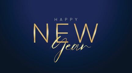 Happy new year golden letters banner with stars on blue background, illustration can use for landing page template ui web mobile app poster banner flyers