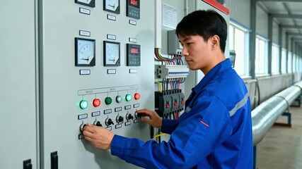 Medium shot of a worker monitoring electrical output on a control panel for an impressed current system protecting a long pipeline.