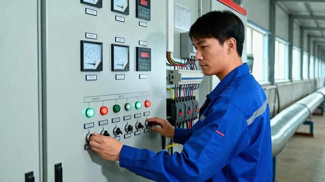 Medium shot of a worker monitoring electrical output on a control panel for an impressed current system protecting a long pipeline.