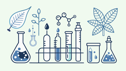 Vector illustration of a chemistry lab with flasks, test tubes, chemical and plant elements. Concept for scientific research and chemical experiments.