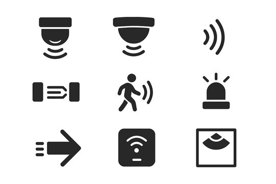 Security system silhouette icon set. featuring camera, motion sensor, siren, access control symbols
