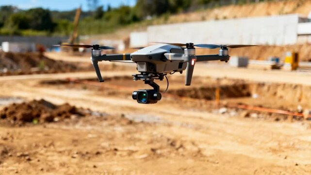 Medium shot of advanced drone performing aerial site analysis with highresolution cameras capturing land features for construction planning