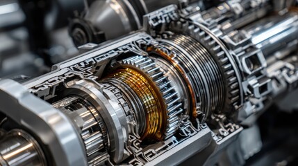 Close-up cutaway view of an automatic car transmission or gearbox, showing intricate mechanical gears and internal components.