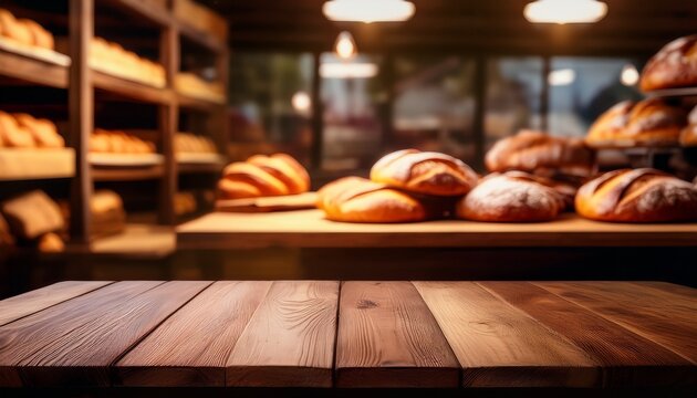 empty wooden table rustical style for product presentation with a blurred bakery in the background