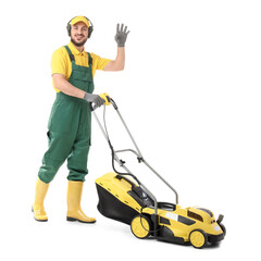 Male worker with lawn mower on white background