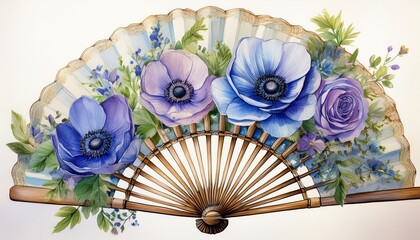 a delicate watercolor painting of a vintage hand fan adorned with vibrant purple and blue anemone flowers and lush green foliage
