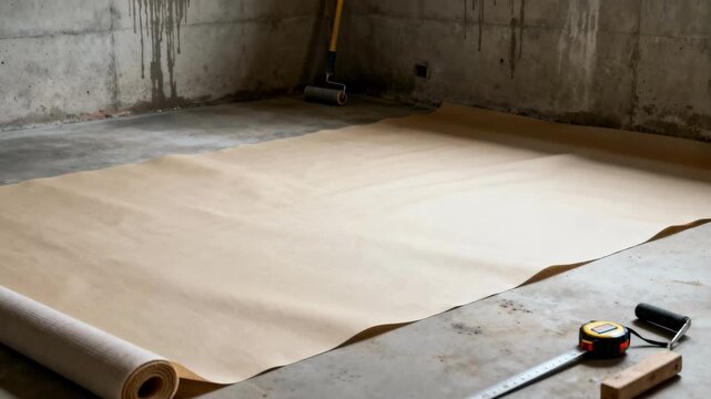 Medium shot of a seamless natural membrane layer being laid in a basement environment to enhance dampproofing and structural integrity.